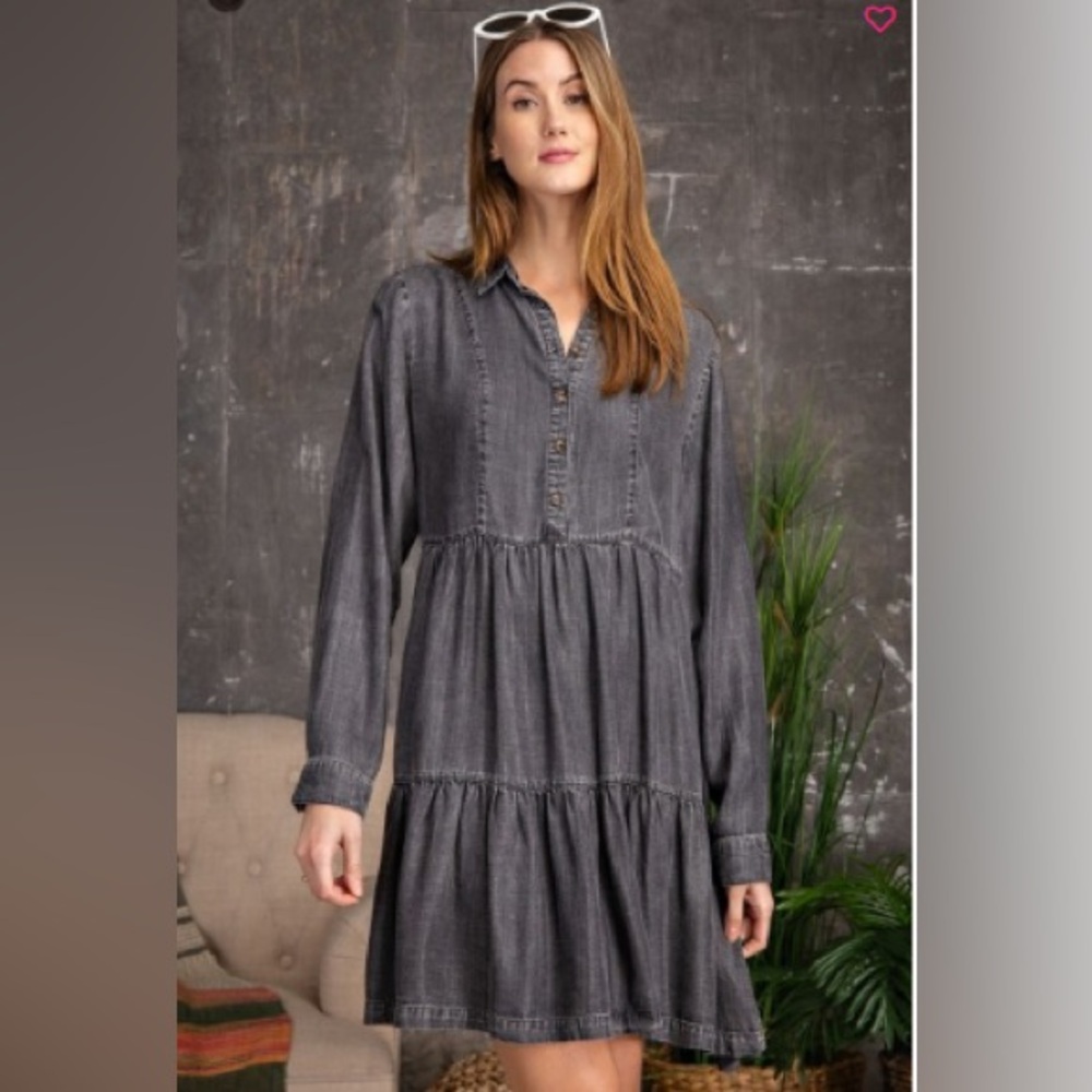 NWT Easel Button Down Long Sleeve Black Washed Denim Shirt Dress Size Large